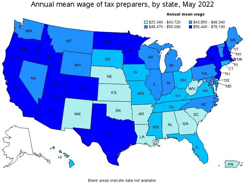 Map of annual mean wages of tax preparers by state, May 2022