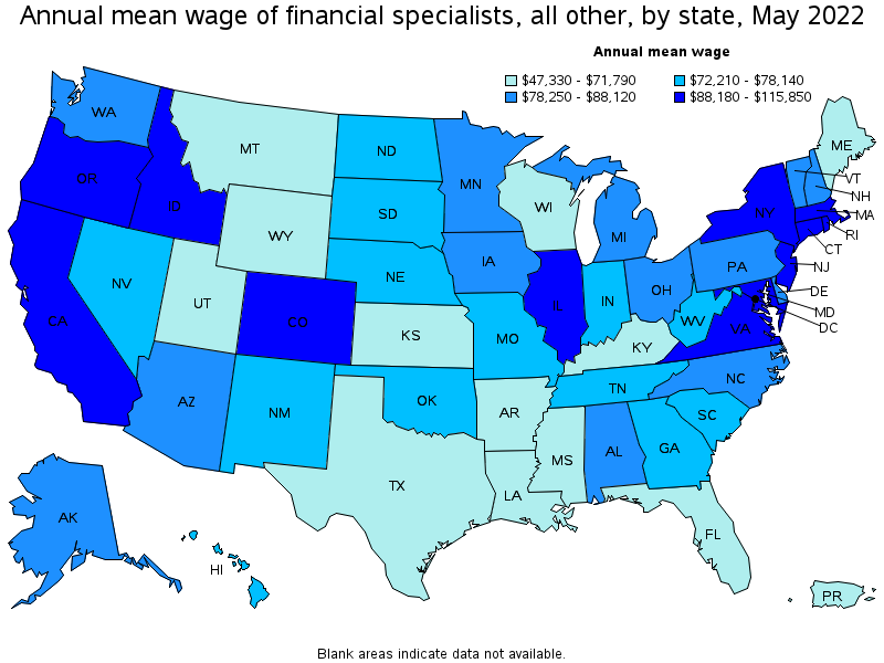 Map of annual mean wages of financial specialists, all other by state, May 2022