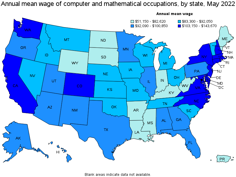 Map of annual mean wages of computer and mathematical occupations by state, May 2022