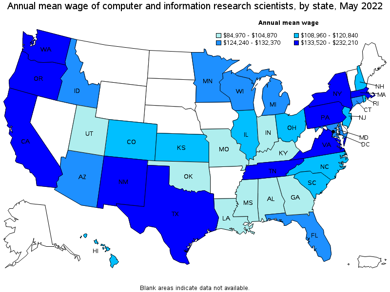 Map of annual mean wages of computer and information research scientists by state, May 2022