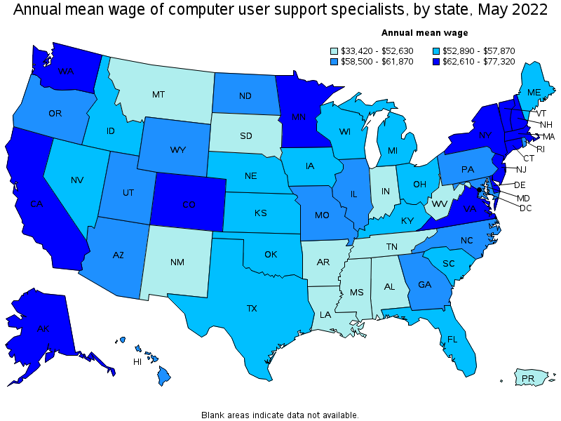 Map of annual mean wages of computer user support specialists by state, May 2022