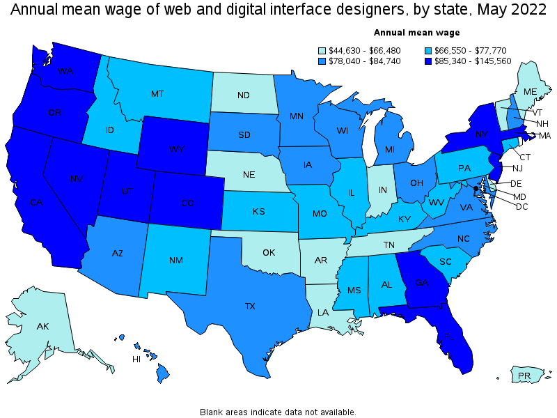 Map of annual mean wages of web and digital interface designers by state, May 2022