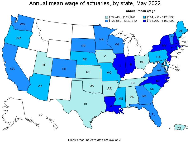 Map of annual mean wages of actuaries by state, May 2022
