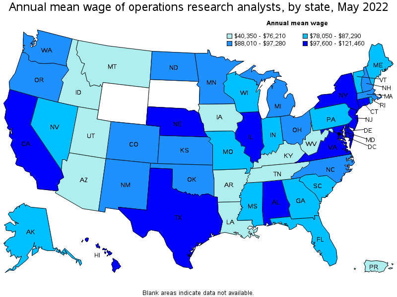 Map of annual mean wages of operations research analysts by state, May 2022