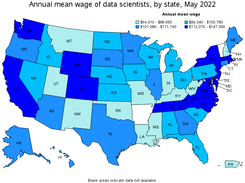 Map of annual mean wages of data scientists by state, May 2022
