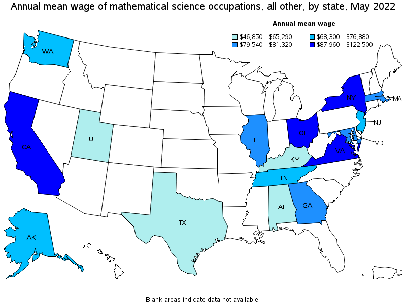 Map of annual mean wages of mathematical science occupations, all other by state, May 2022