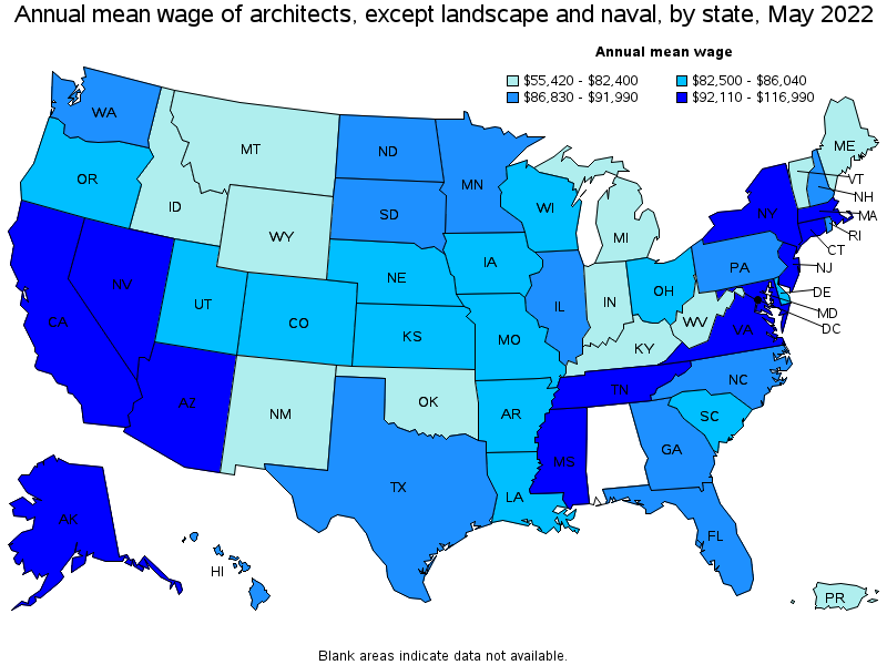 Map of annual mean wages of architects, except landscape and naval by state, May 2022