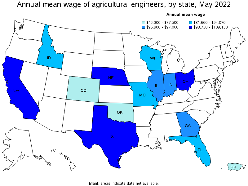 Map of annual mean wages of agricultural engineers by state, May 2022