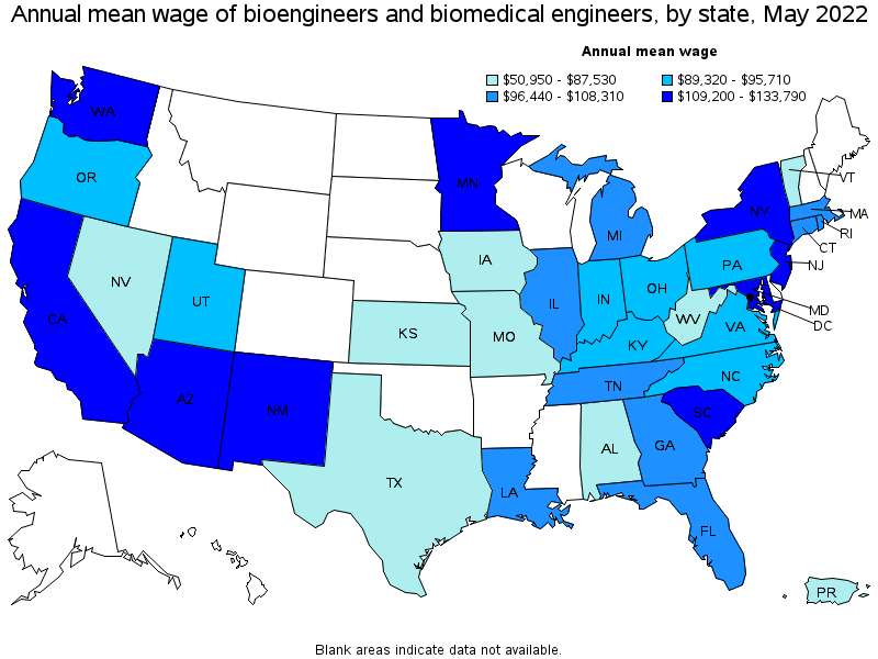 Map of annual mean wages of bioengineers and biomedical engineers by state, May 2022