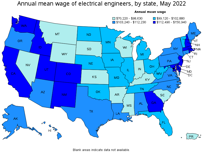 Map of annual mean wages of electrical engineers by state, May 2022