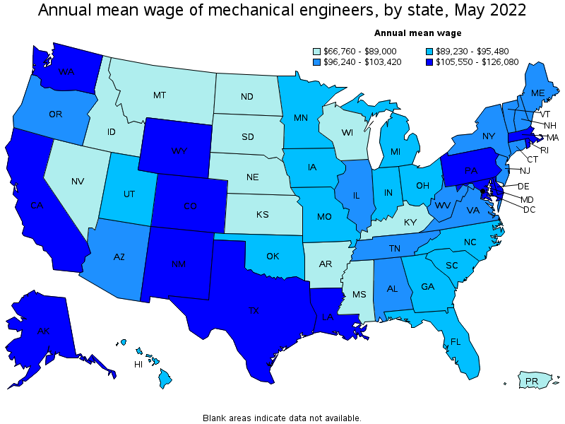 Map of annual mean wages of mechanical engineers by state, May 2022