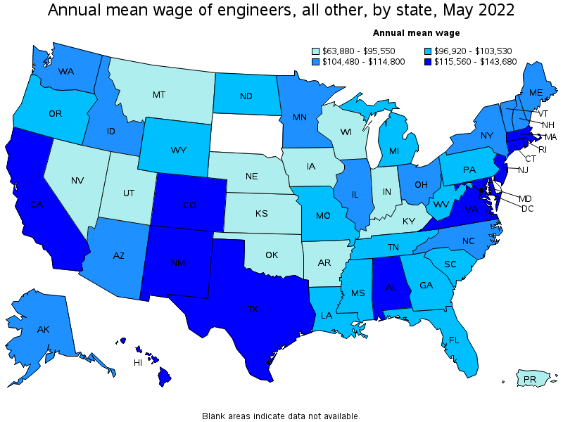 Map of annual mean wages of engineers, all other by state, May 2022