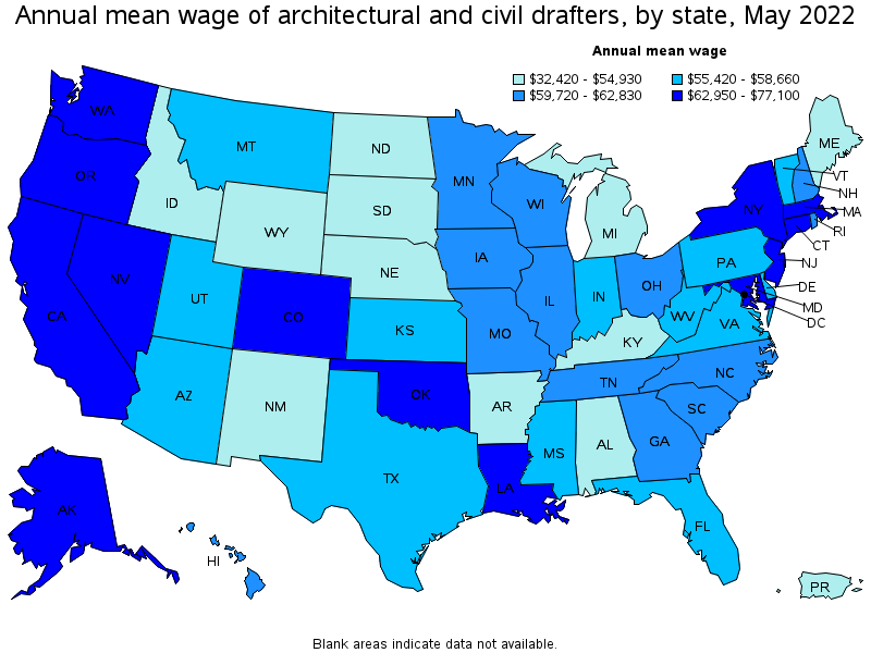 Map of annual mean wages of architectural and civil drafters by state, May 2022