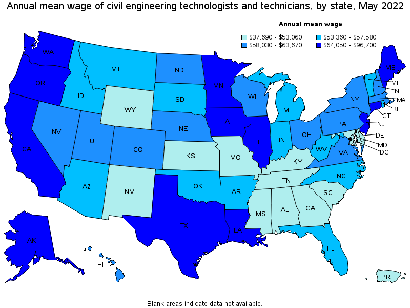 Map of annual mean wages of civil engineering technologists and technicians by state, May 2022