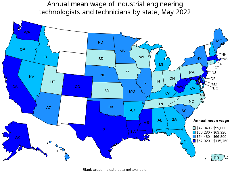 Map of annual mean wages of industrial engineering technologists and technicians by state, May 2022