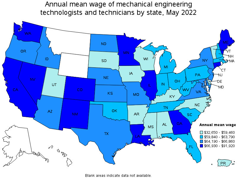 Map of annual mean wages of mechanical engineering technologists and technicians by state, May 2022