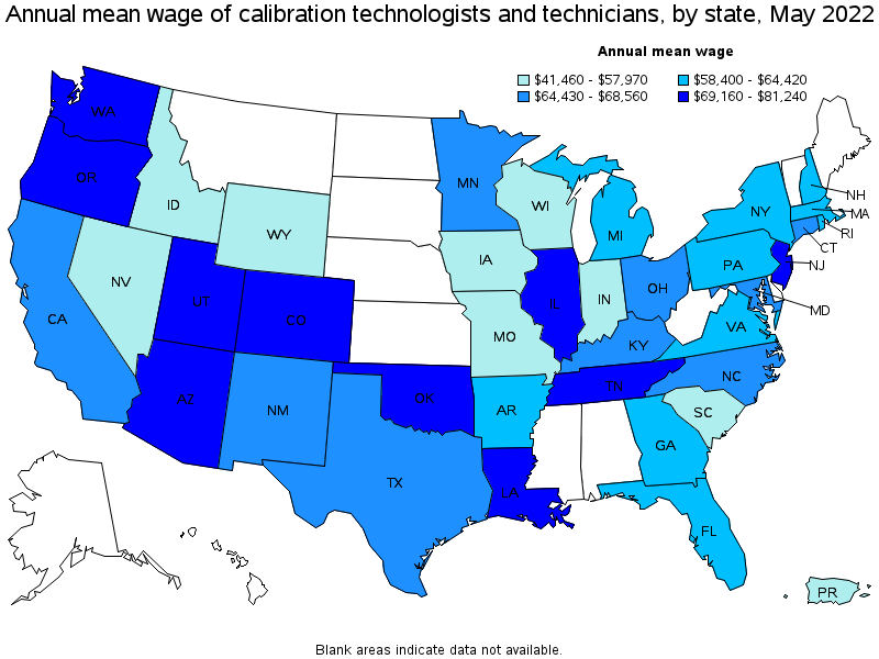 Map of annual mean wages of calibration technologists and technicians by state, May 2022