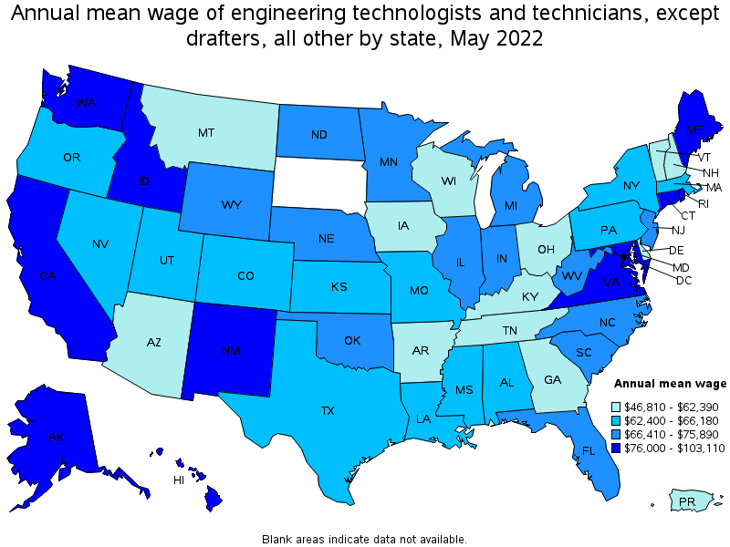 Map of annual mean wages of engineering technologists and technicians, except drafters, all other by state, May 2022