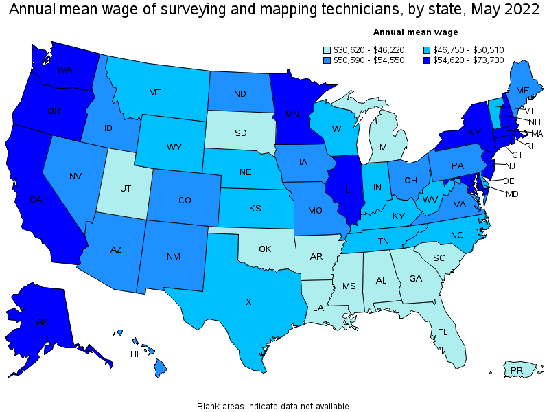 Map of annual mean wages of surveying and mapping technicians by state, May 2022