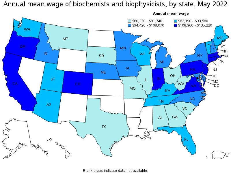 Map of annual mean wages of biochemists and biophysicists by state, May 2022