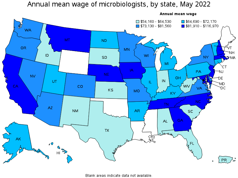 Map of annual mean wages of microbiologists by state, May 2022