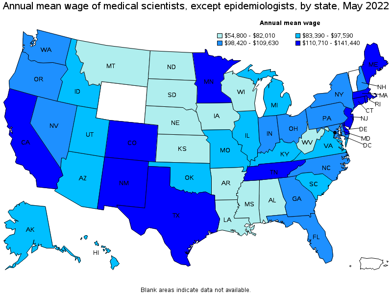 Map of annual mean wages of medical scientists, except epidemiologists by state, May 2022