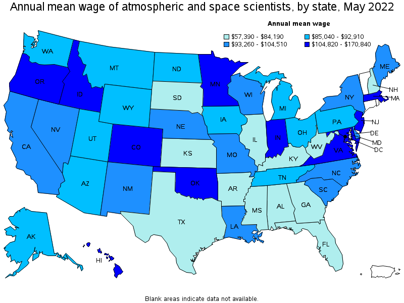 Map of annual mean wages of atmospheric and space scientists by state, May 2022