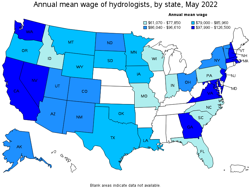 Map of annual mean wages of hydrologists by state, May 2022