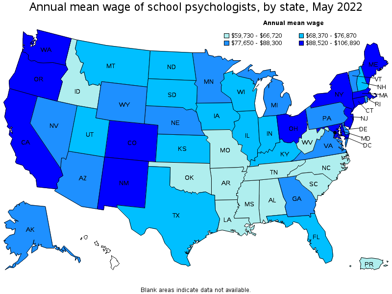 Map of annual mean wages of school psychologists by state, May 2022