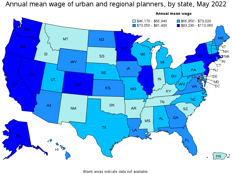 Map of annual mean wages of urban and regional planners by state, May 2022