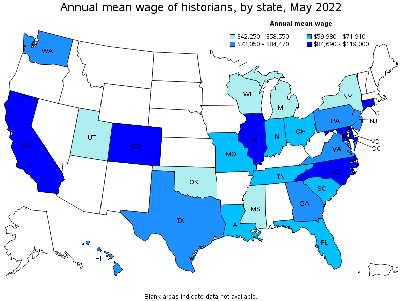 Map of annual mean wages of historians by state, May 2022