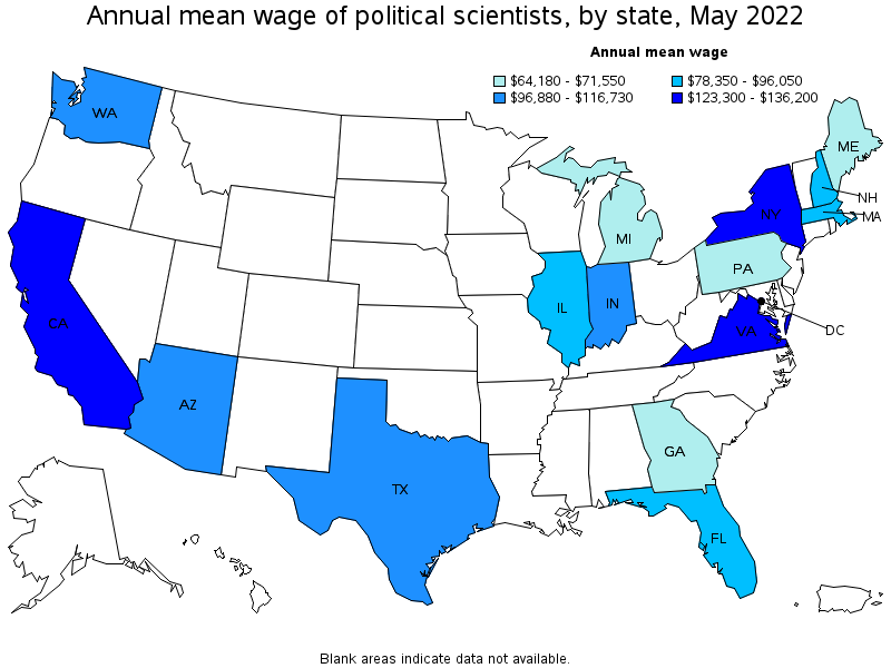 Map of annual mean wages of political scientists by state, May 2022