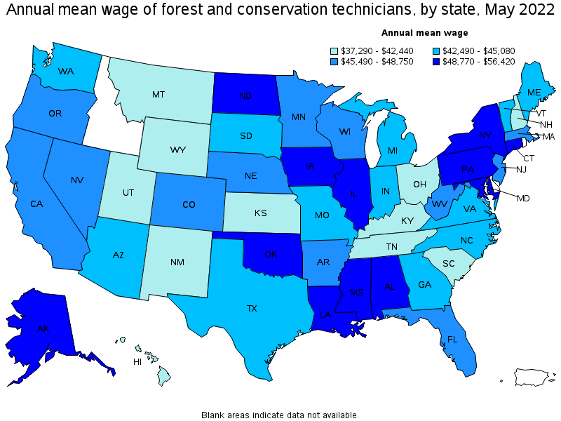 Map of annual mean wages of forest and conservation technicians by state, May 2022