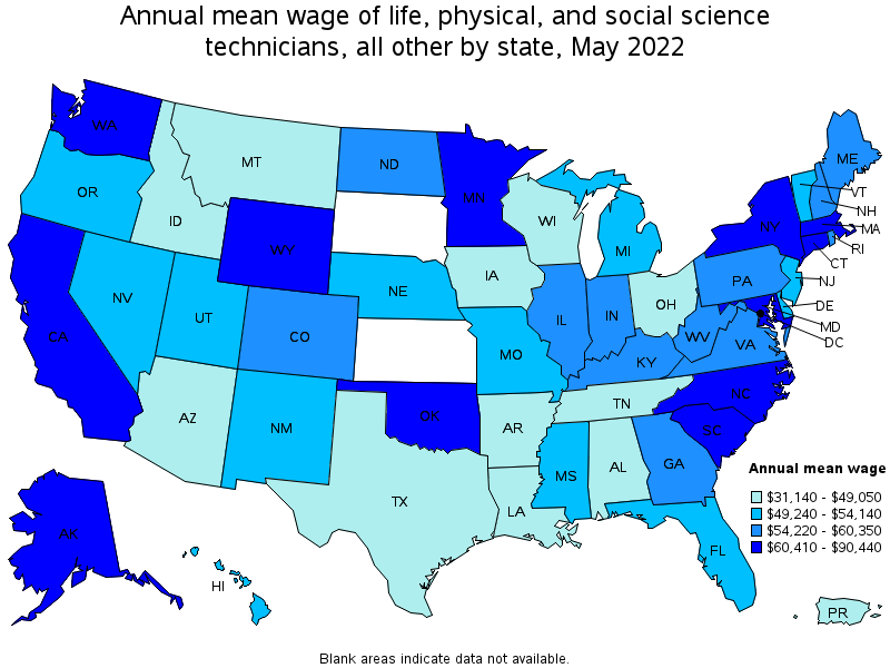 Map of annual mean wages of life, physical, and social science technicians, all other by state, May 2022