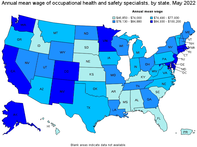 Map of annual mean wages of occupational health and safety specialists by state, May 2022