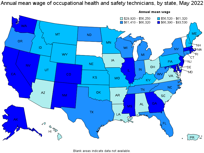 Map of annual mean wages of occupational health and safety technicians by state, May 2022