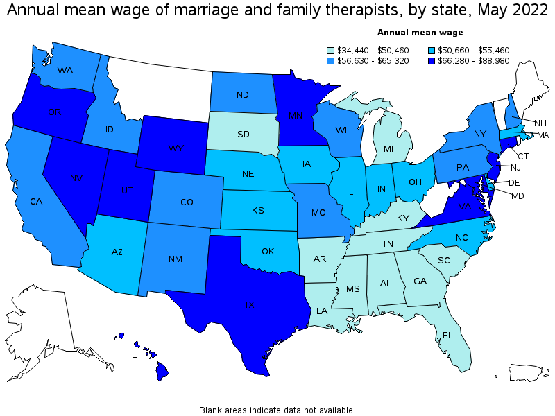 Map of annual mean wages of marriage and family therapists by state, May 2022