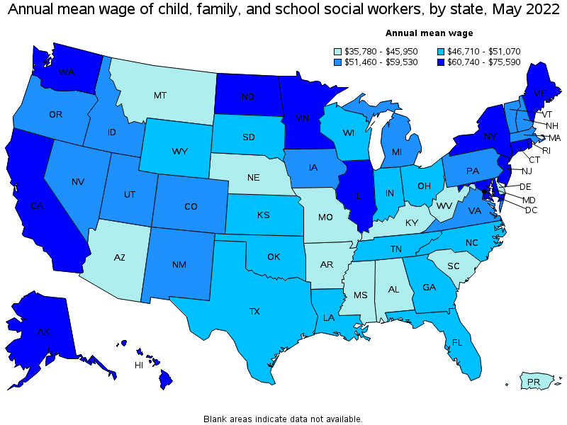 Map of annual mean wages of child, family, and school social workers by state, May 2022