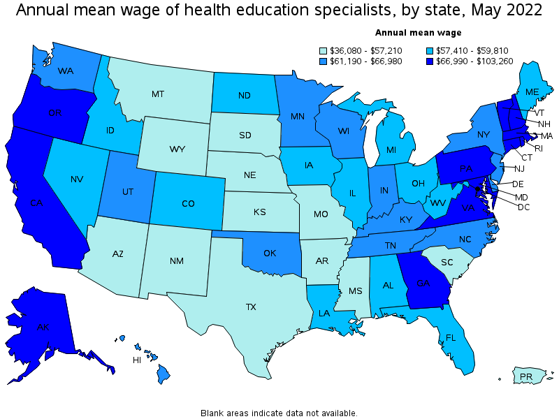 Map of annual mean wages of health education specialists by state, May 2022