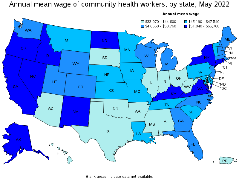 Map of annual mean wages of community health workers by state, May 2022