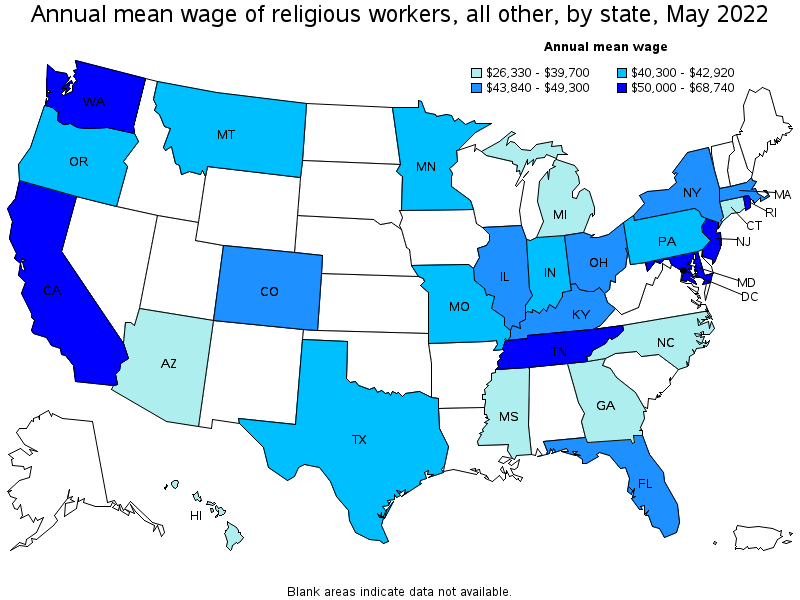 Map of annual mean wages of religious workers, all other by state, May 2022