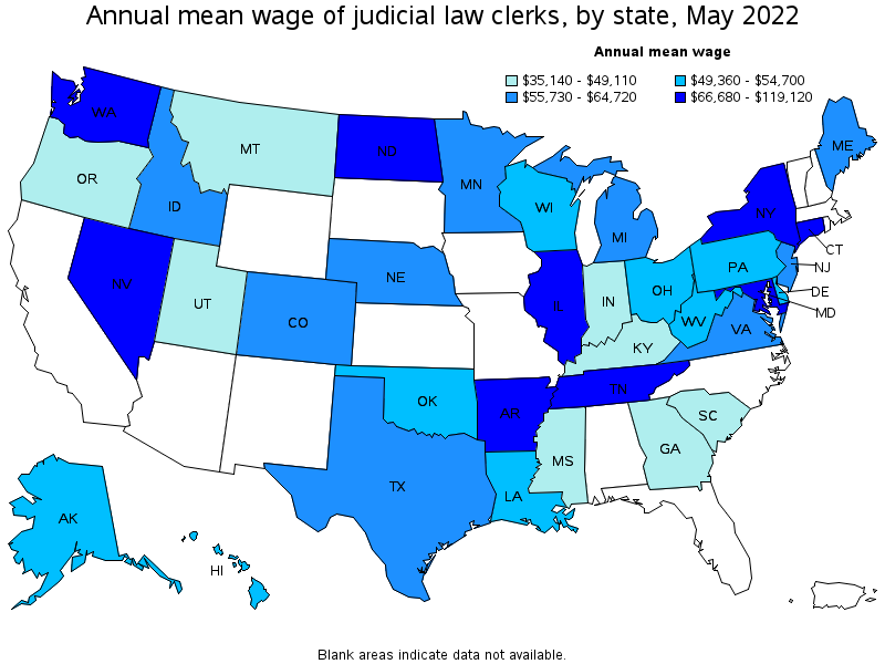 Map of annual mean wages of judicial law clerks by state, May 2022