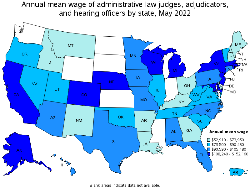 Map of annual mean wages of administrative law judges, adjudicators, and hearing officers by state, May 2022