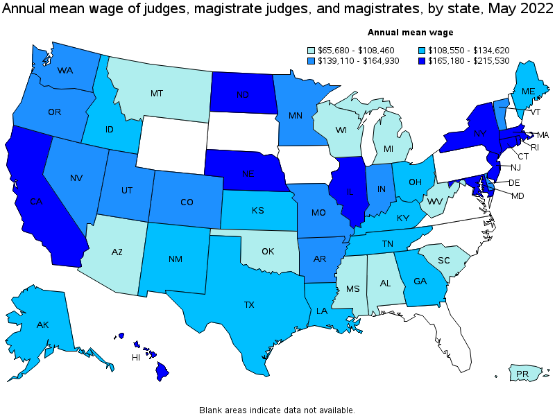 Map of annual mean wages of judges, magistrate judges, and magistrates by state, May 2022