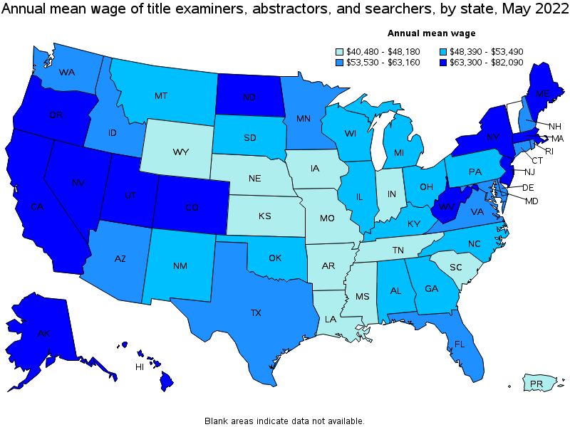 Map of annual mean wages of title examiners, abstractors, and searchers by state, May 2022