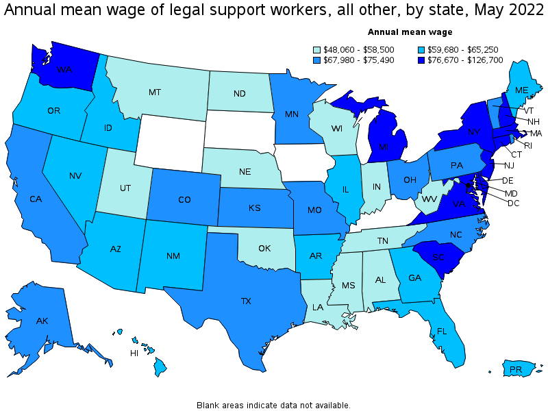 Map of annual mean wages of legal support workers, all other by state, May 2022