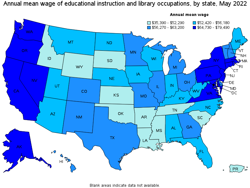 Map of annual mean wages of educational instruction and library occupations by state, May 2022