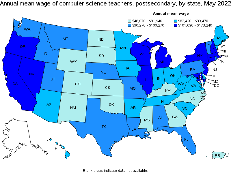 Map of annual mean wages of computer science teachers, postsecondary by state, May 2022