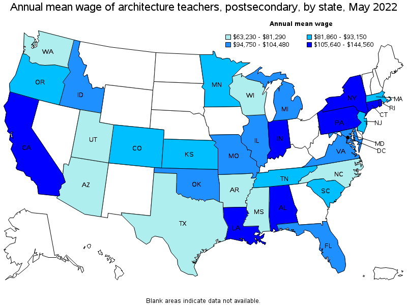 Map of annual mean wages of architecture teachers, postsecondary by state, May 2022