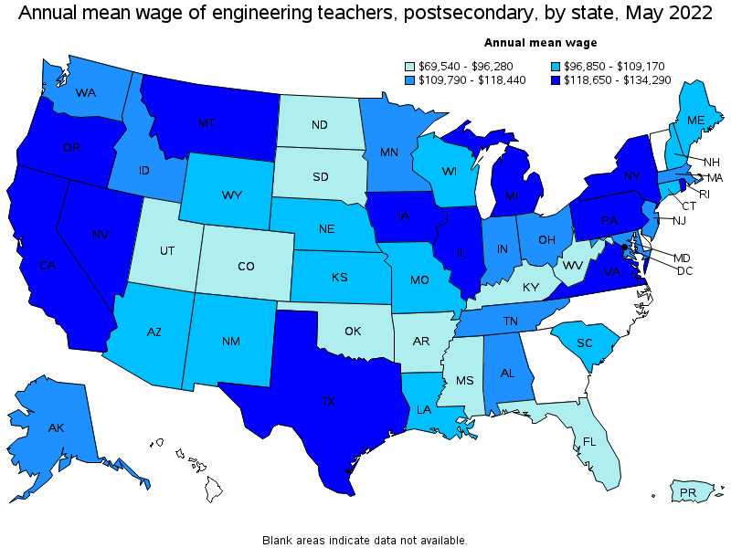 Map of annual mean wages of engineering teachers, postsecondary by state, May 2022